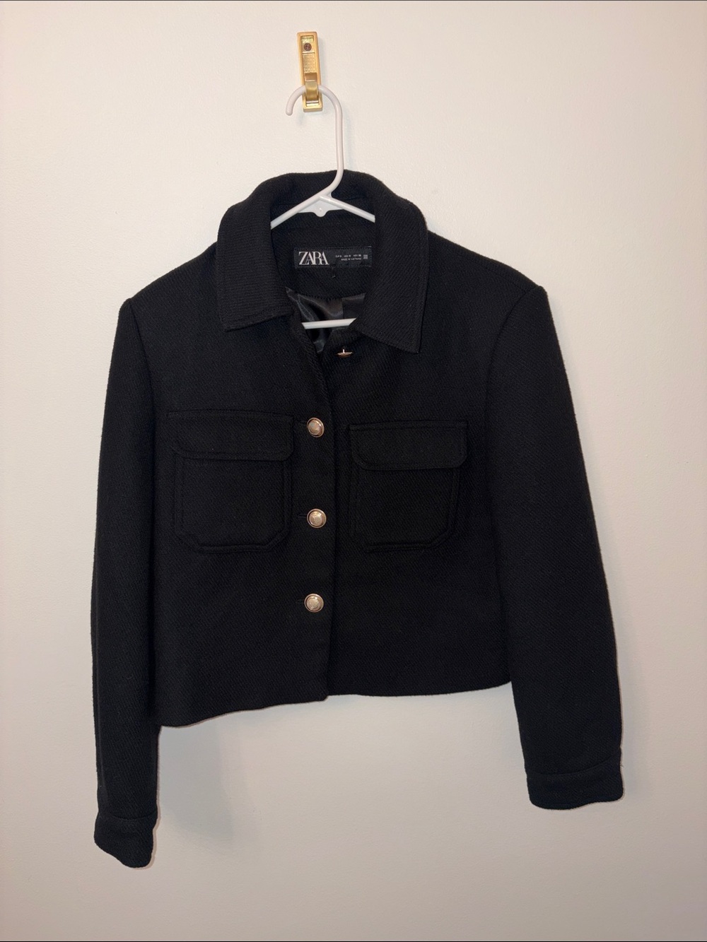 ZARA Black Cropped Textured Blazer with Gold Buttons